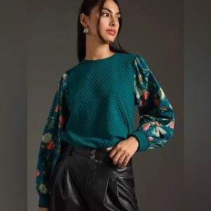 Anthropologie Teal Textured Blouse with Floral Sleeves